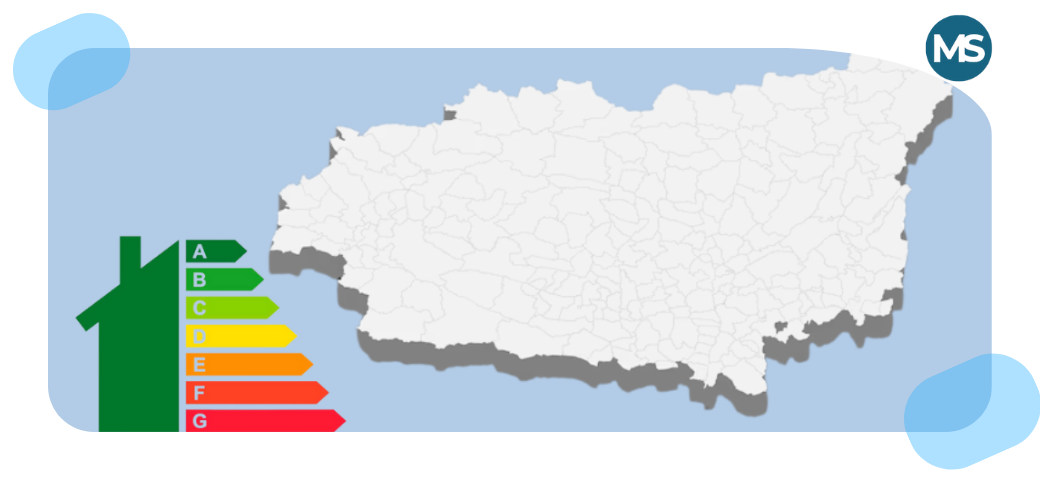 Mapa de la provincia de León junto a etiqueta de eficiencia energética