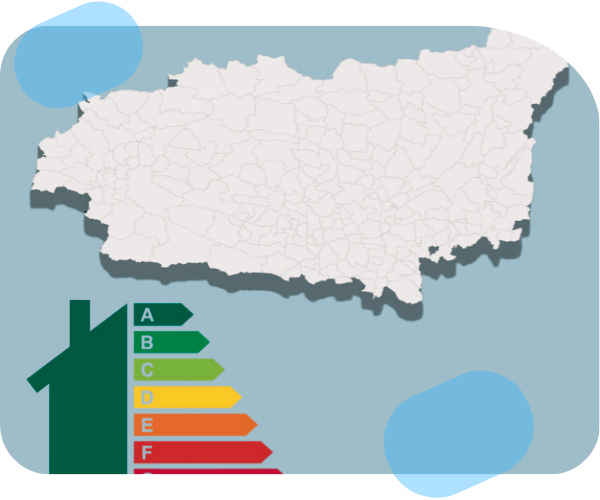 Mapa de la provincia de León junto a etiqueta de eficiencia energética